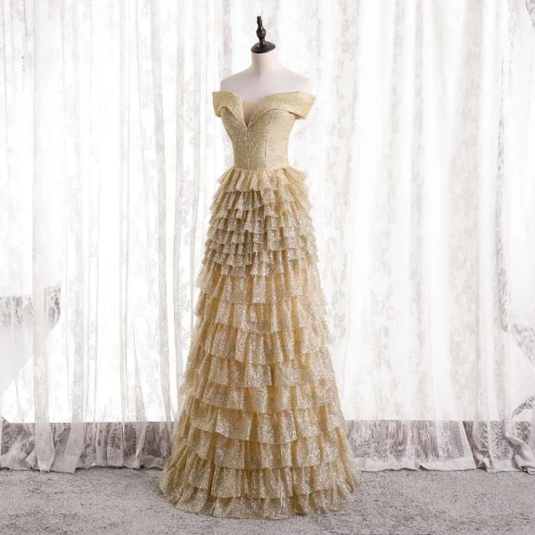 Glitzernden Sexy Gold Rüschen Abendkleider 2021 A Linie Off Shoulder Pailletten Kurze Ärmel Rückenfreies Lange Festliche Kleider