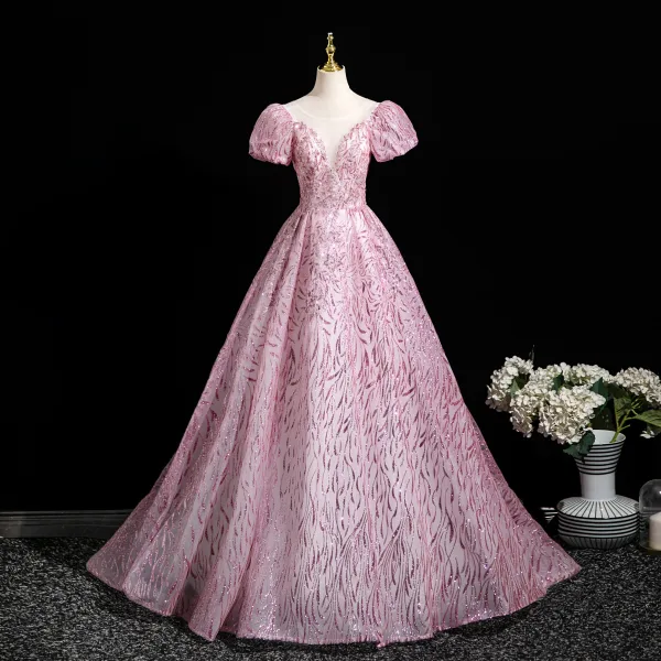 Bling Bling Candy Pink Sequins Prom Dresses 2025 Ball Gown Scoop Neck Short Sleeve Backless Sweep Train Prom Formal Dresses