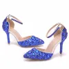 Charming Royal Blue Evening Party Womens Shoes 2018 Crystal Rhinestone Ankle Strap 8 cm Stiletto Heels Pointed Toe High Heels
