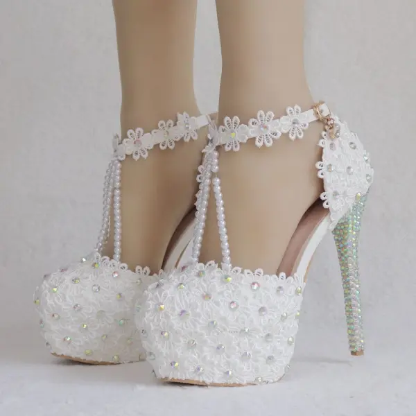 Elegante Weiß Brautschuhe 2018 Spitze Blumen Knöchelriemen Perle Strass 14 cm Stilettos Runde Zeh Hochzeit Hochhackige