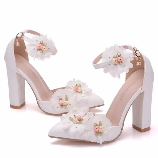 Modern / Fashion White Outdoor / Garden Womens Shoes 2018 Appliques Ankle Strap 10 cm Thick Heels Pointed Toe High Heels