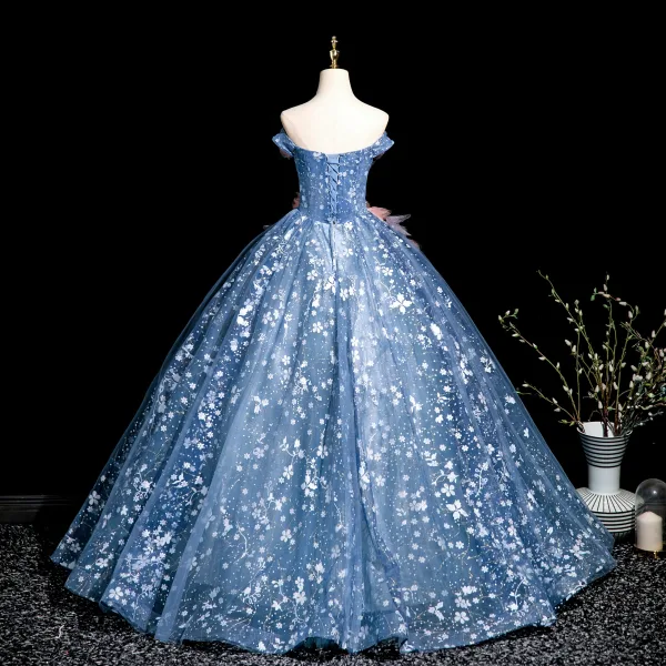 Flower Fairy Sky Blue Beading Sequins Appliques Prom Dresses 2025 Ball Gown Off-The-Shoulder Sleeveless Backless Floor-Length / Long Prom Formal Dresses