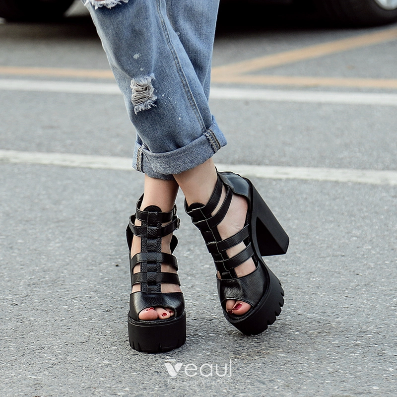 Romano Vintage Blanco Casual Zapatos De Mujer 2018 Cuero Hebilla Plataforma 15 cm Talones Gruesos Peep Toe Sandalias