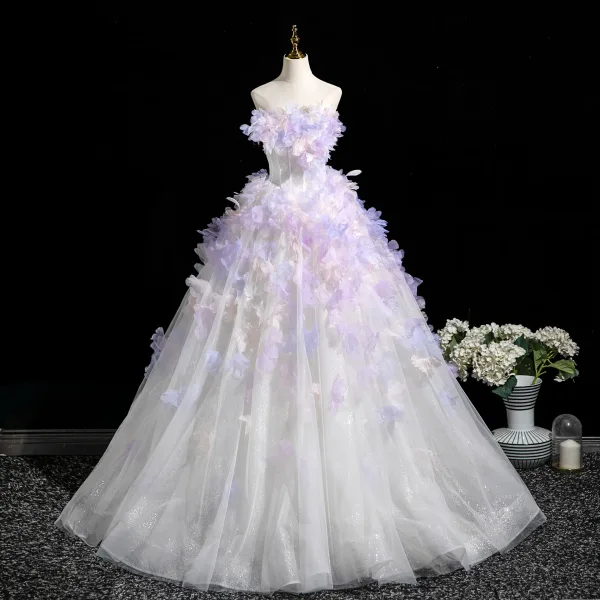 Flower Fairy Lavender Appliques White Prom Dresses 2025 Ball Gown Strapless Sleeveless Backless Court Train Prom Formal Dresses