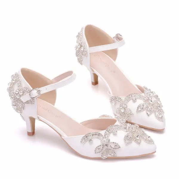 Sjarmerende Hvit Ball Damesko 2018 Spenne Rhinestone 5 cm Stiletthæler Spisse Høyhælte