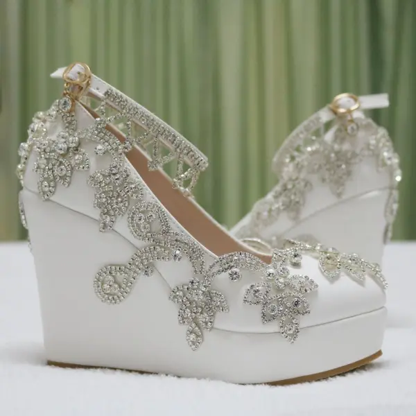 Mode Vita Casual Damskor 2018 Rhinestone Ankelband 10 cm Kilklackar Platåskor Pande Zote Toe