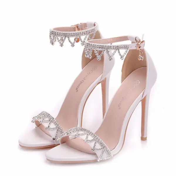 Moderne / Mode Blanche Soirée Sandales Femme 2018 Faux Diamant Bride Cheville 11 cm Talons Aiguilles Peep Toes / Bout Ouvert Sandales