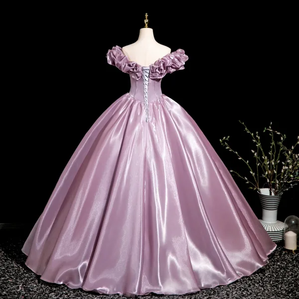 Elegant Blushing Pink Satin Prom Dresses 2025 Ball Gown Ruffle Off-The-Shoulder Sleeveless Backless Floor-Length / Long Prom Formal Dresses