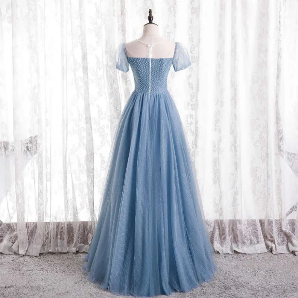 Charming Pool Blue Beading Prom Dresses 2021 A-Line / Princess Scoop Neck Short Sleeve Floor-Length / Long Formal Dresses