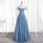 Charming Pool Blue Beading Prom Dresses 2021 A-Line / Princess Scoop Neck Short Sleeve Floor-Length / Long Formal Dresses