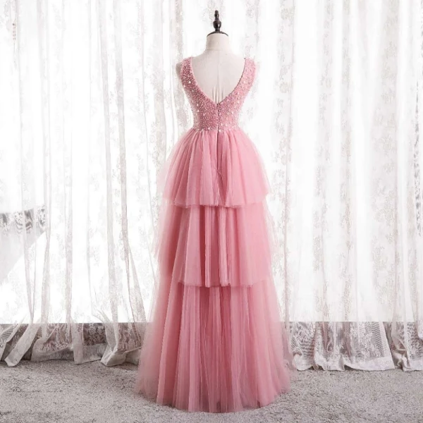 Charmant Rose Bonbon Volants Robe De Soirée 2021 Princesse Encolure Dégagée Sans Manches Perlage Paillettes Dos Nu Soirée Longue Robe De Ceremonie