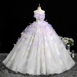 Fée Des Fleurs Lavande Appliques Blanche Robe De Bal 2025 Robe Boule Bustier Sans Manches Dos Nu Tribunal Train Promo Robe De Ceremonie
