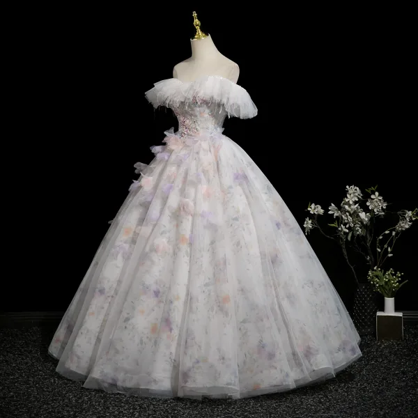 Chic / Belle Blanche Perlage Paillettes Appliques Robe De Bal 2025 Robe Boule De l'épaule Gland Manches Courtes Dos Nu Longue Robe De Ceremonie
