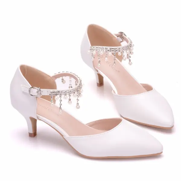 Chic / Beautiful White Wedding Shoes 2018 Pearl Rhinestone Tassel 5 cm Stiletto Heels Pointed Toe Wedding High Heels