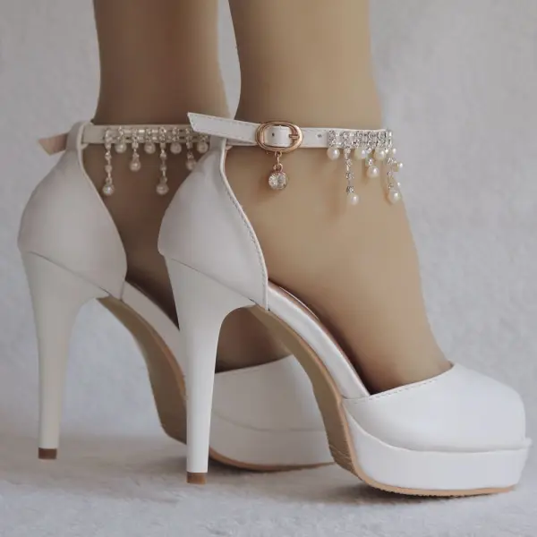 Modern / Fashion White Wedding Shoes 2018 Pearl Rhinestone Tassel 11 cm Stiletto Heels Open / Peep Toe Wedding High Heels