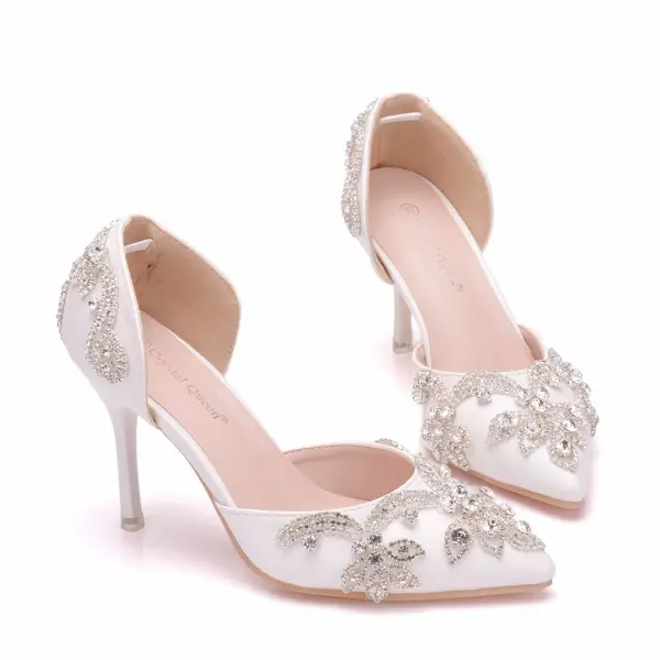 Schöne Weiß Brautschuhe 2018 Strass 8 cm Stilettos Spitzschuh Hochzeit Hochhackige