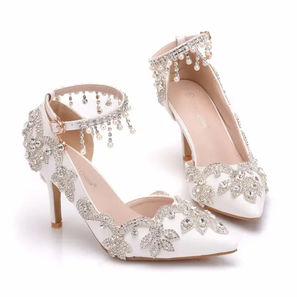 Elegant White Wedding Shoes 2018 Rhinestone Pearl Tassel 8 cm Stiletto Heels Pointed Toe Wedding High Heels