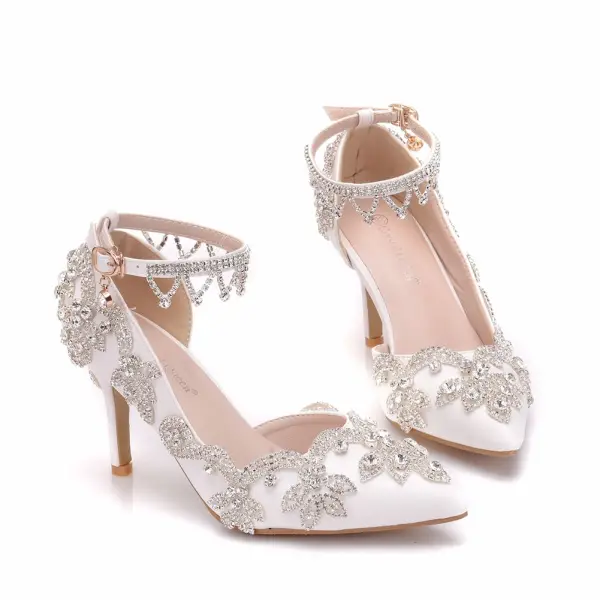 Mode Vita Brudskor 2018 Rhinestone 8 cm Stilettklackar Spetsiga Bröllop Högklackade