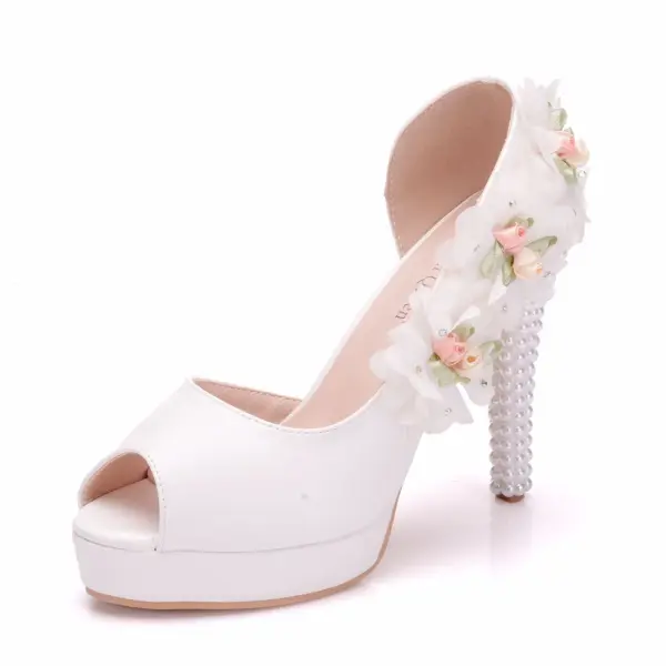 Elegant White Wedding Shoes 2018 Appliques Rhinestone Pearl 11 cm Stiletto Heels Open / Peep Toe Wedding High Heels