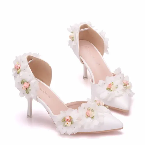 Elegant White Wedding Shoes 2018 Appliques Rhinestone 8 cm Stiletto Heels Pointed Toe Wedding High Heels