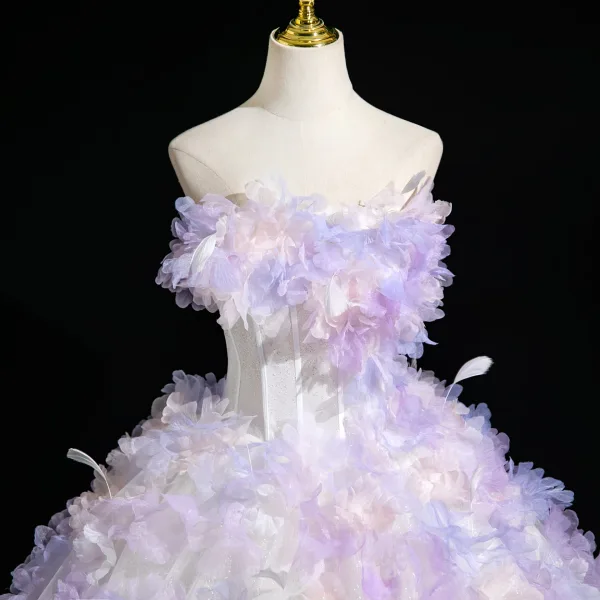 Flower Fairy Lavender Appliques White Prom Dresses 2025 Ball Gown Strapless Sleeveless Backless Court Train Prom Formal Dresses
