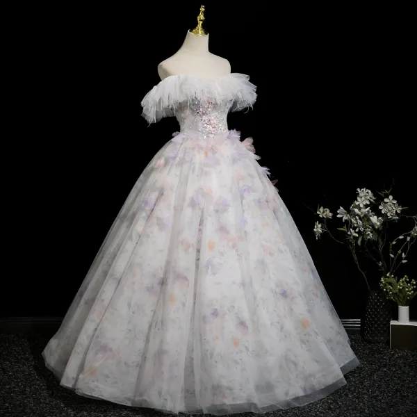 Chic / Belle Blanche Perlage Paillettes Appliques Robe De Bal 2025 Robe Boule De l'épaule Gland Manches Courtes Dos Nu Longue Robe De Ceremonie