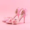 Lovely Candy Pink Prom Womens Shoes 2018 Pearl Flower Ankle Strap 9 cm Stiletto Heels Pointed Toe Pumps