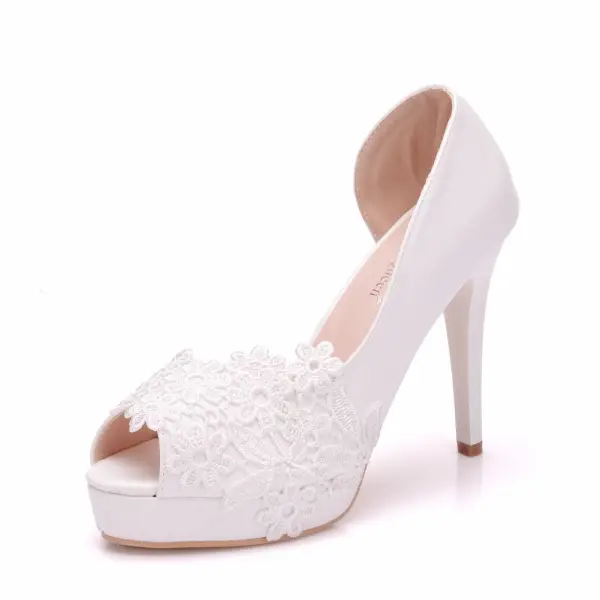 Chic / Beautiful White Wedding Shoes 2018 Lace 11 cm Stiletto Heels Open / Peep Toe Wedding High Heels