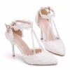 Charming White Wedding Shoes 2018 Rhinestone Ankle Strap Lace Pearl Tassel 9 cm Stiletto Heels Pointed Toe Wedding High Heels