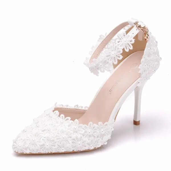 Chic / Beautiful Black Wedding Shoes 2018 Pearl Lace Ankle Strap 9 cm Stiletto Heels Pointed Toe Wedding High Heels