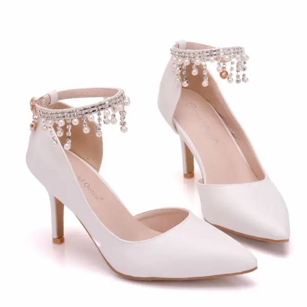Modest / Simple White Wedding Shoes 2018 Pearl Rhinestone Tassel 8 cm Stiletto Heels Pointed Toe Wedding High Heels
