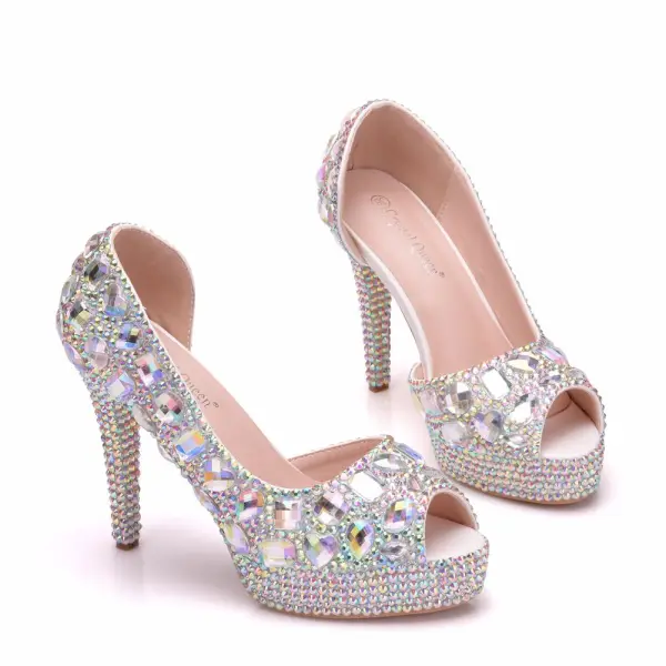 Amazing / Unique Silver Wedding Shoes 2018 Crystal 11 cm Stiletto Heels Open / Peep Toe Wedding High Heels
