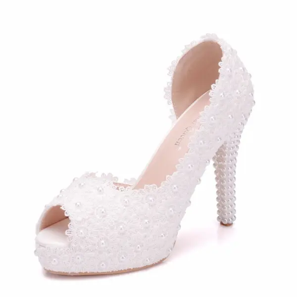 Chic / Beautiful White Wedding Shoes 2018 Lace Pearl 11 cm Thick Heels Open / Peep Toe Wedding High Heels