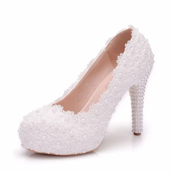 Chic / Beautiful White Wedding Shoes 2018 Lace Pearl 11 cm Stiletto Heels Round Toe Wedding Pumps