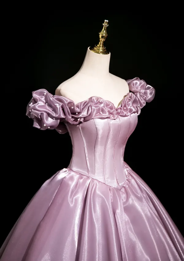 Elegant Blushing Pink Satin Prom Dresses 2025 Ball Gown Ruffle Off-The-Shoulder Sleeveless Backless Floor-Length / Long Prom Formal Dresses