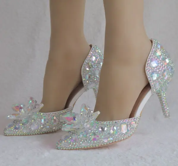 Unika Silver Brudskor 2018 Kristall Rhinestone 7 cm Stilettklackar Spetsiga Bröllop Högklackade