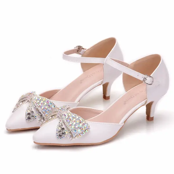 Chic / Beautiful White Casual Womens Shoes 2018 Buckle Rhinestone Bow 5 cm Stiletto Heels Pointed Toe High Heels