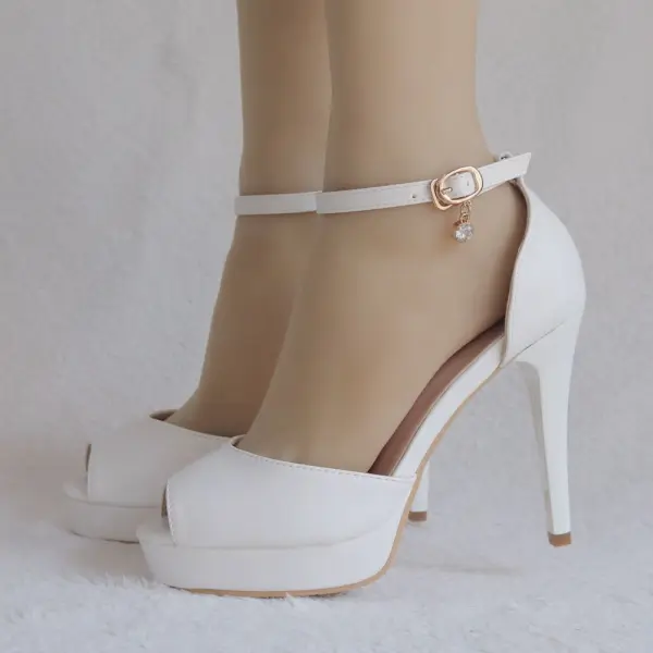 Modest / Simple White Casual Womens Shoes 2018 Ankle Strap 11 cm Stiletto Heels Open / Peep Toe High Heels