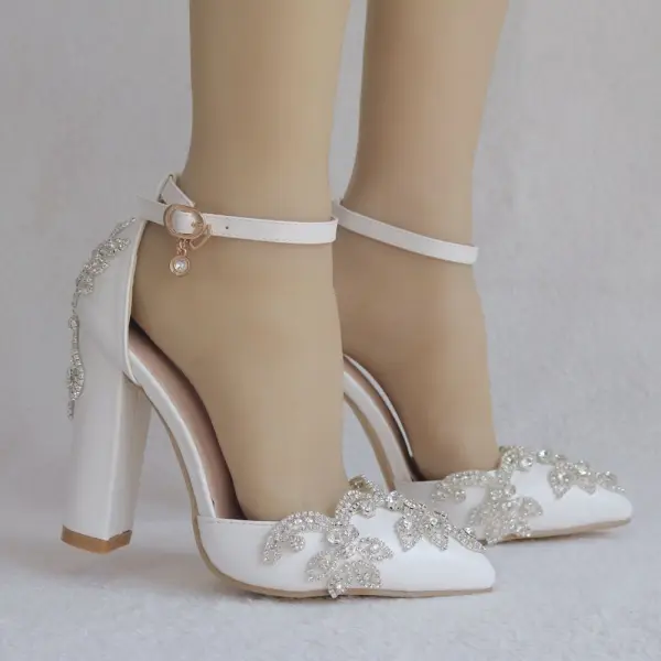 Modern / Fashion White Wedding Shoes 2018 Rhinestone Ankle Strap 10 cm Thick Heels Pointed Toe Wedding High Heels