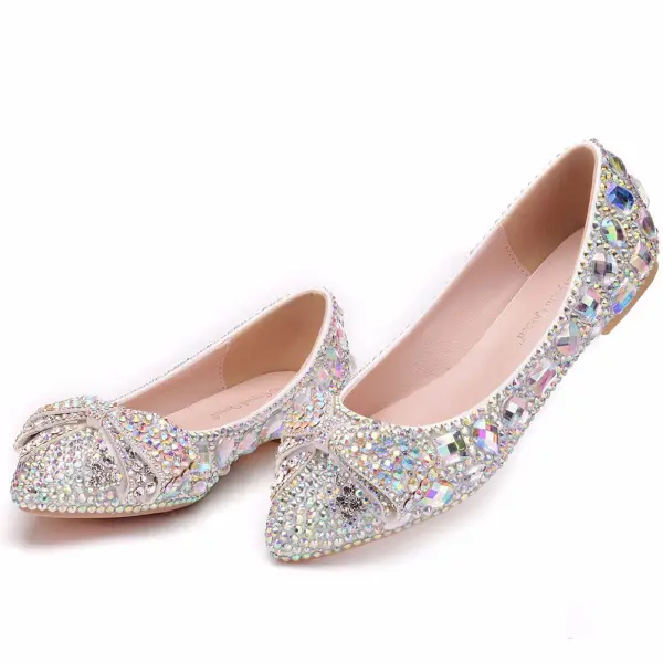 Scintillantes Argenté Chaussure De Mariée 2018 Cristal Faux Diamant À Bout Pointu Plate Mariage