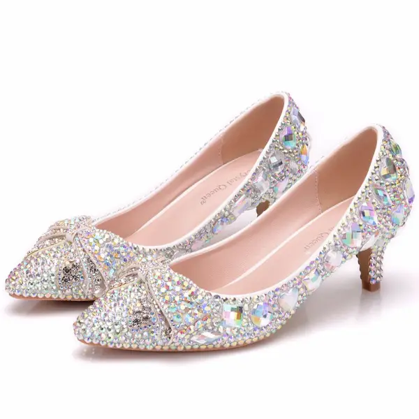 Sparkly Sølv Brudesko 2018 Krystall Rhinestone 5 cm Stiletthæler Spisse Bryllup Pumps