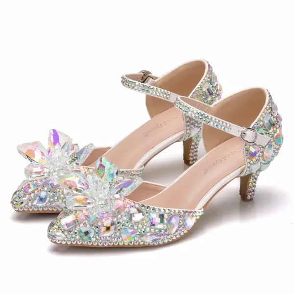 Amazing / Unique Silver Wedding Shoes 2018 Buckle Crystal Rhinestone 5 cm Stiletto Heels Pointed Toe Wedding High Heels