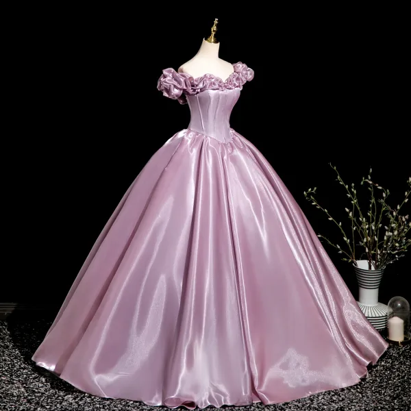Elegant Blushing Pink Satin Prom Dresses 2025 Ball Gown Ruffle Off-The-Shoulder Sleeveless Backless Floor-Length / Long Prom Formal Dresses