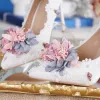 Elegante Ivory / Creme Brautschuhe 2018 Hochzeit Handgefertigt Blumen 11 cm Stilettos Spitzschuh Pumps
