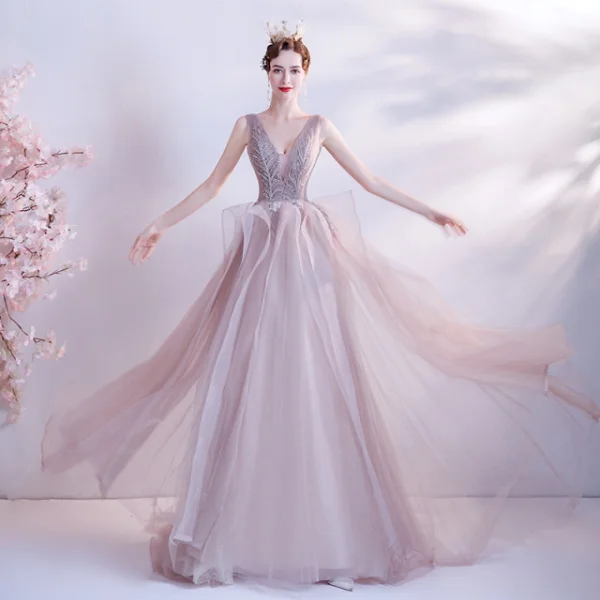 Charmant Perle Rose Robe De Bal 2021 Princesse Col v profond Perlage Paillettes Sans Manches Dos Nu Train De Balayage Robe De Ceremonie