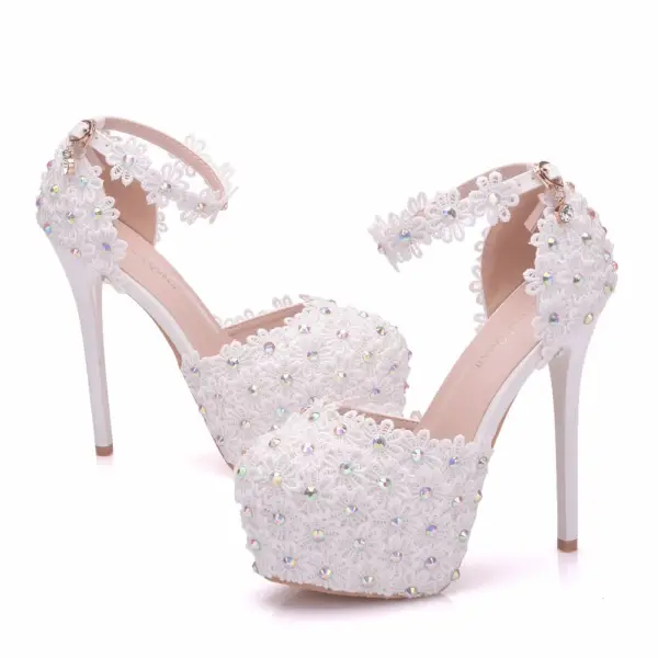Modern / Fashion White Wedding Shoes 2018 Lace Flower Rhinestone Ankle Strap 14 cm Stiletto Heels Round Toe Wedding High Heels