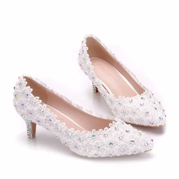 Chic / Beautiful White Wedding Shoes 2018 Lace Flower Rhinestone 5 cm Stiletto Heels Pointed Toe Wedding Pumps