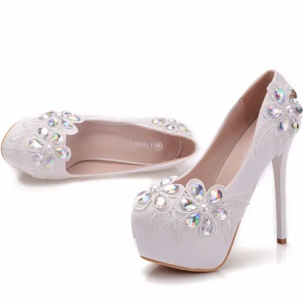Mote Hvit Brudesko 2018 Blonder Krystall 14 cm Stiletthæler Rund Tå Bryllup Pumps