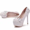 Modern / Fashion White Wedding Shoes 2018 Lace Crystal 14 cm Stiletto Heels Round Toe Wedding Pumps