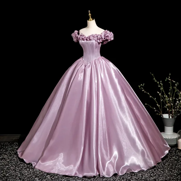 Elegant Blushing Pink Satin Prom Dresses 2025 Ball Gown Ruffle Off-The-Shoulder Sleeveless Backless Floor-Length / Long Prom Formal Dresses